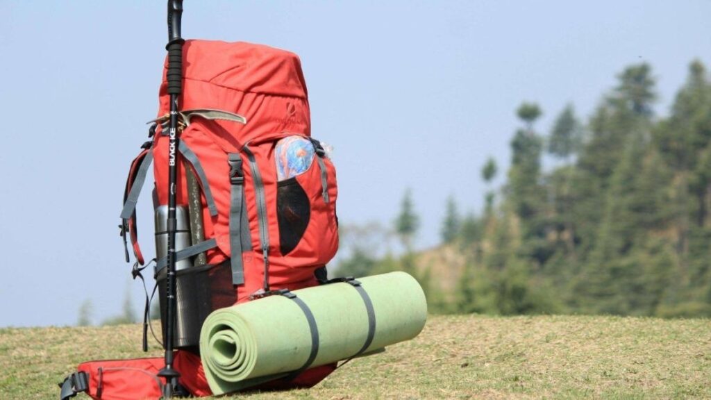 1294731 Red backpack with hiking pole and mat on grassy field with forest background.