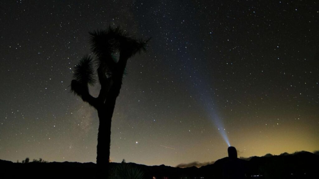 3027326 Silhouette in the desert with a starry night sky above and a beam of light.
