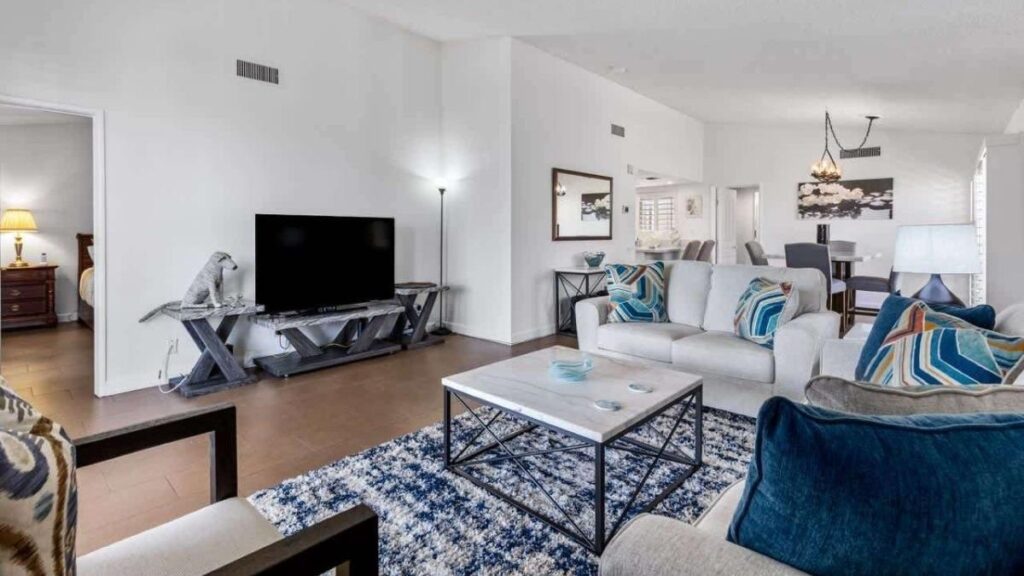 white and blue interior living room