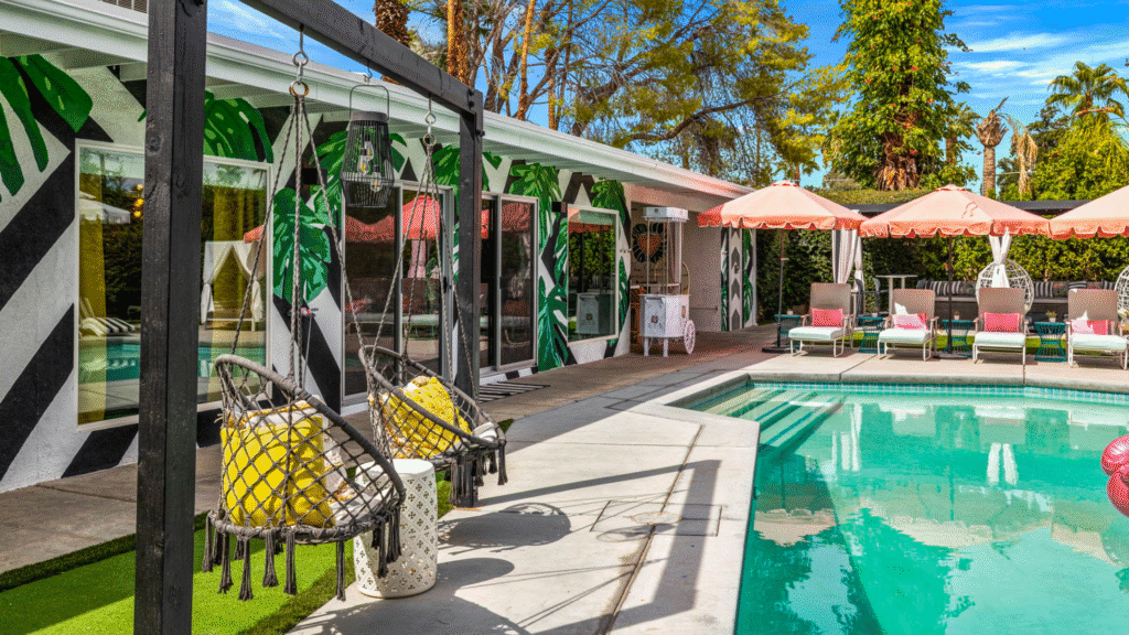 poolside hammock hanging chairs in beautiful palm springs vacation rental