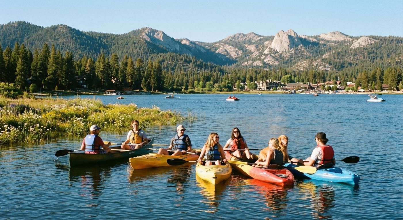 Group of friends kayaking in Big Bear Lake