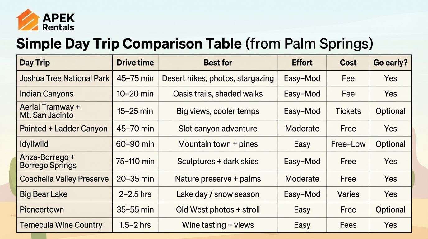Top Day Trips from Palm Springs: Quick Comparison Table