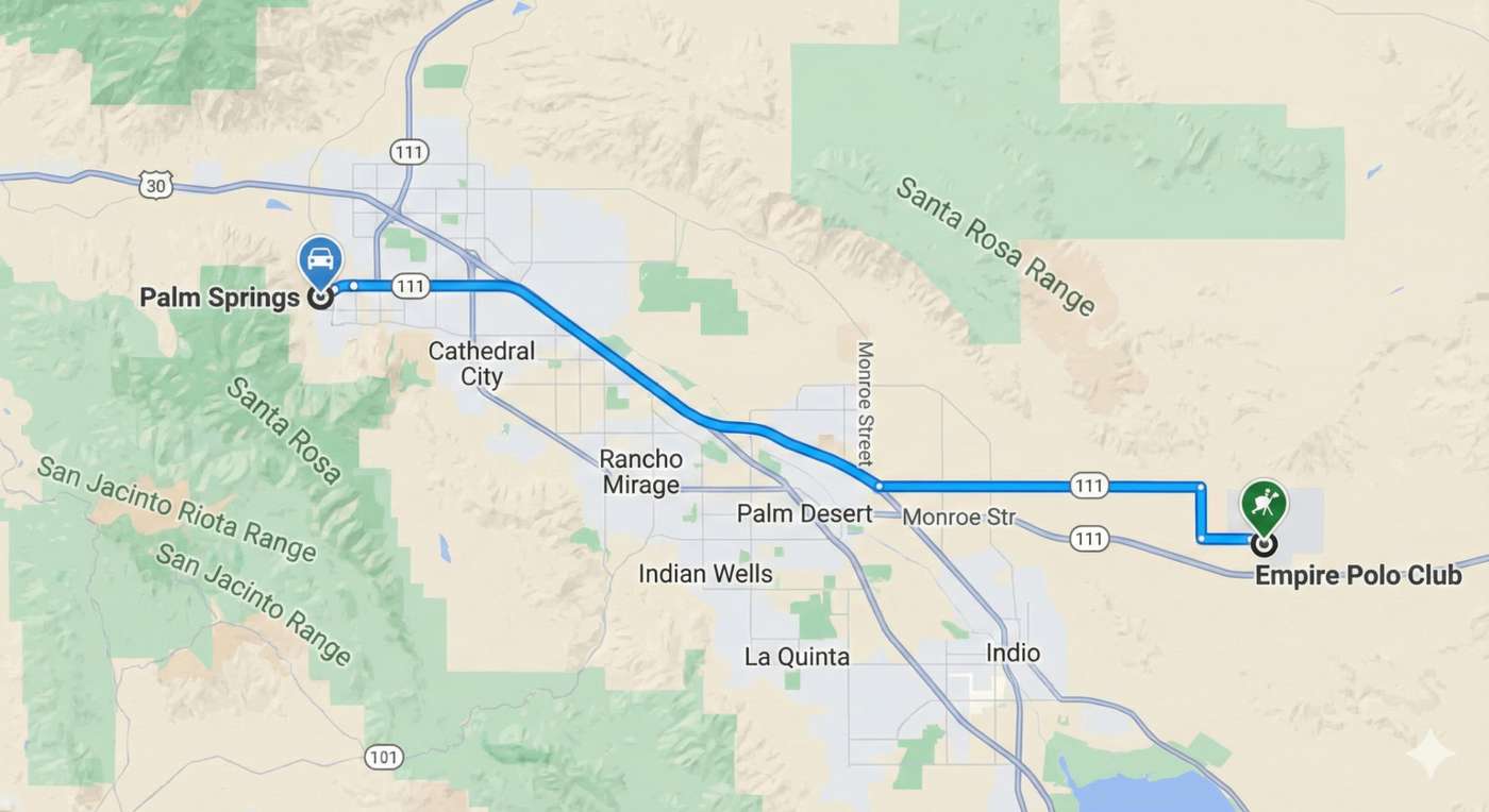 Map from Palm Springs to Empire Polo Club