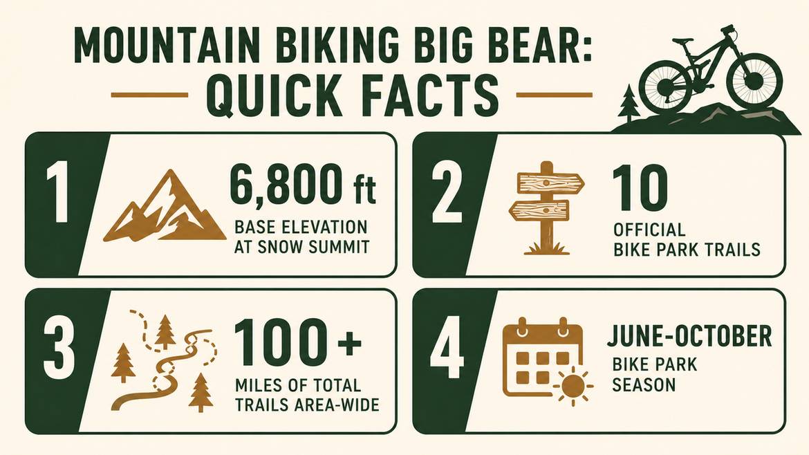 Mountain biking Big Bear quick facts infographic showing elevation, trail count, and season