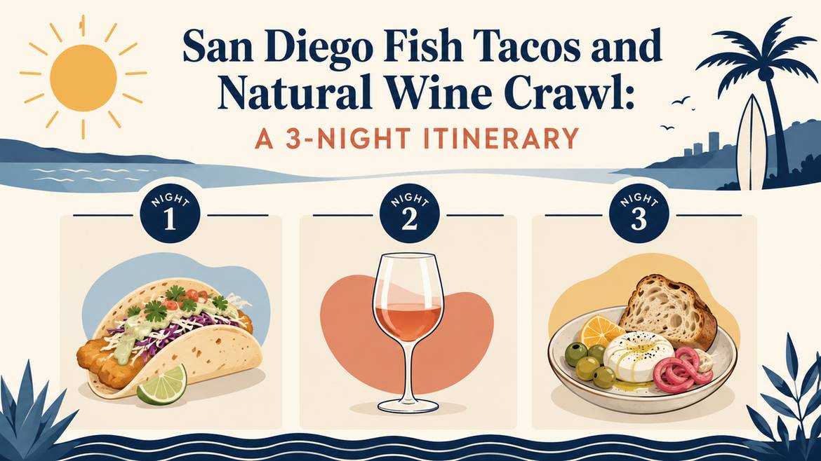 San Diego fish tacos and natural wine three-night itinerary infographic