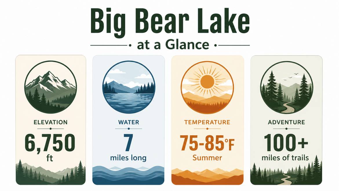 Big Bear Lake at a Glance infographic showing elevation 6,750 ft, 7 miles long, 75-85F summer temps, and 100+ miles of trails