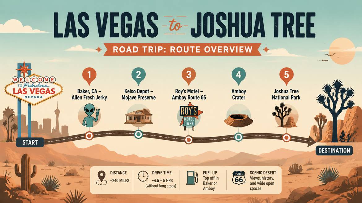 Las Vegas to Joshua Tree road trip route overview infographic