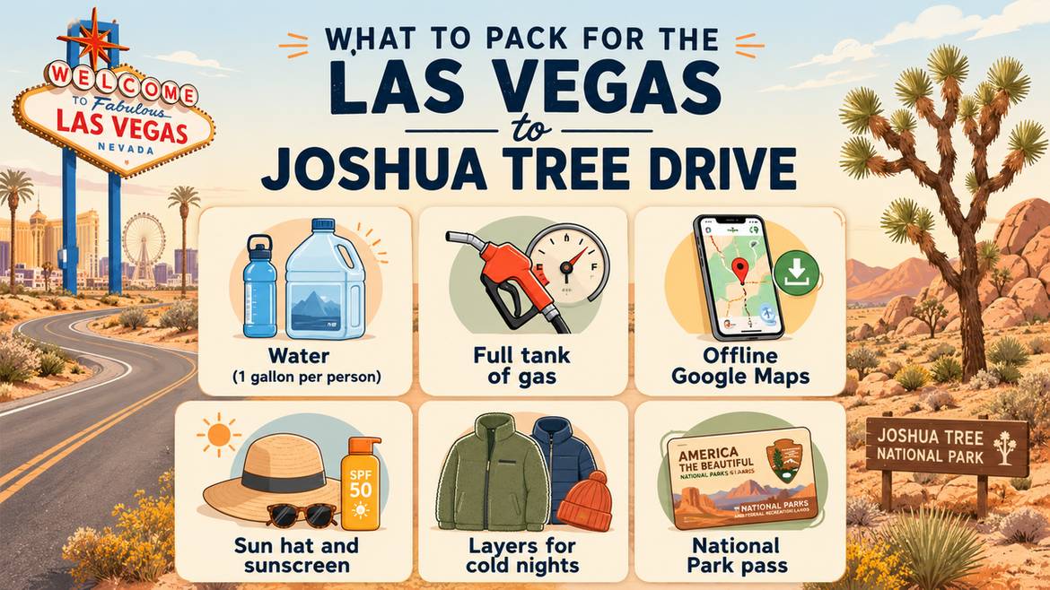 What to pack for a Las Vegas to Joshua Tree desert road trip infographic