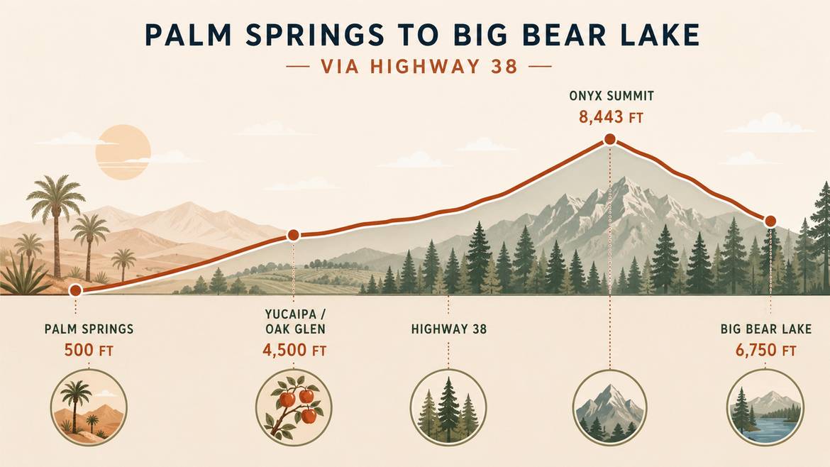 Elevation profile infographic from Palm Springs to Big Bear via Highway 38 and Onyx Summit