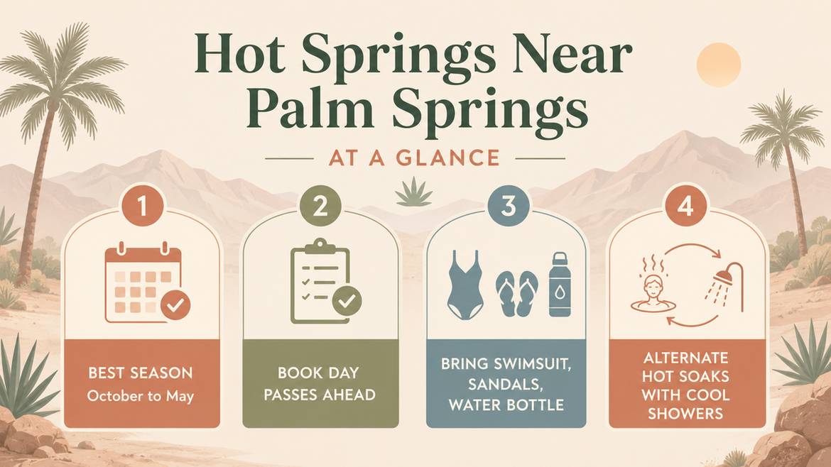 Infographic showing four key tips for visiting hot springs near Palm Springs