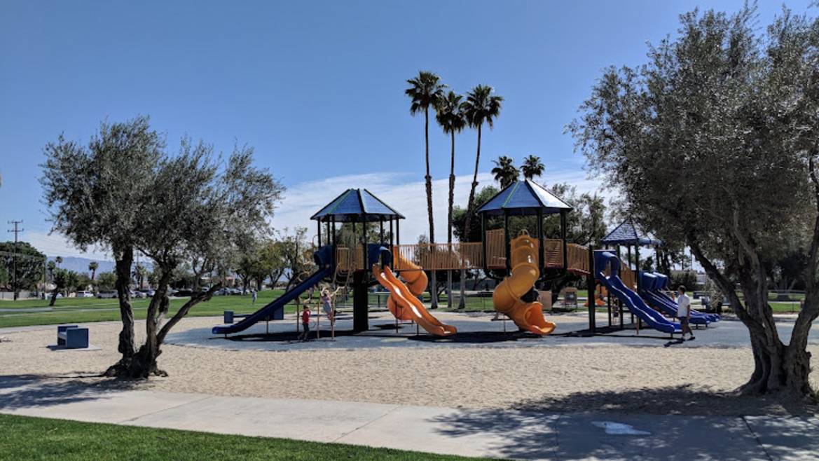 Demuth Park in South Palm Springs with palm trees and open grass